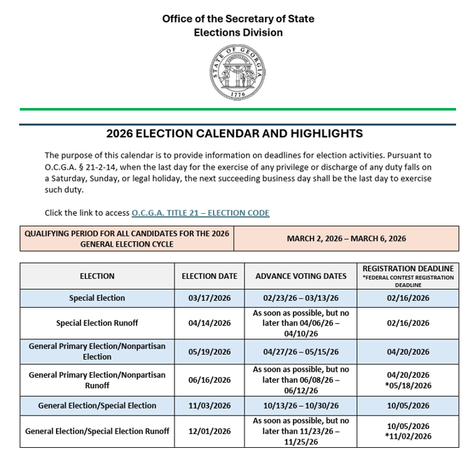 2026 updated elections calendar 